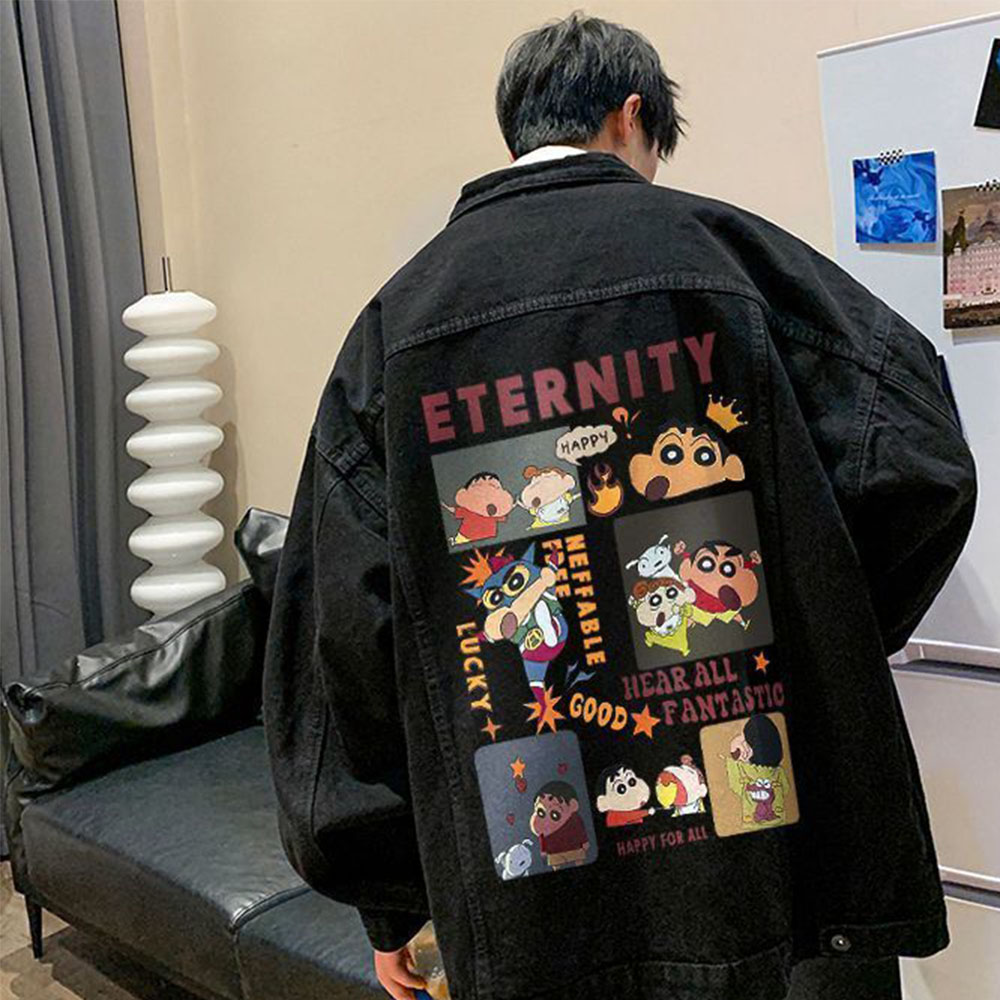 Patchwork Jean Jacket - Anime Crayon Shin-Chan Series Patchwork Print