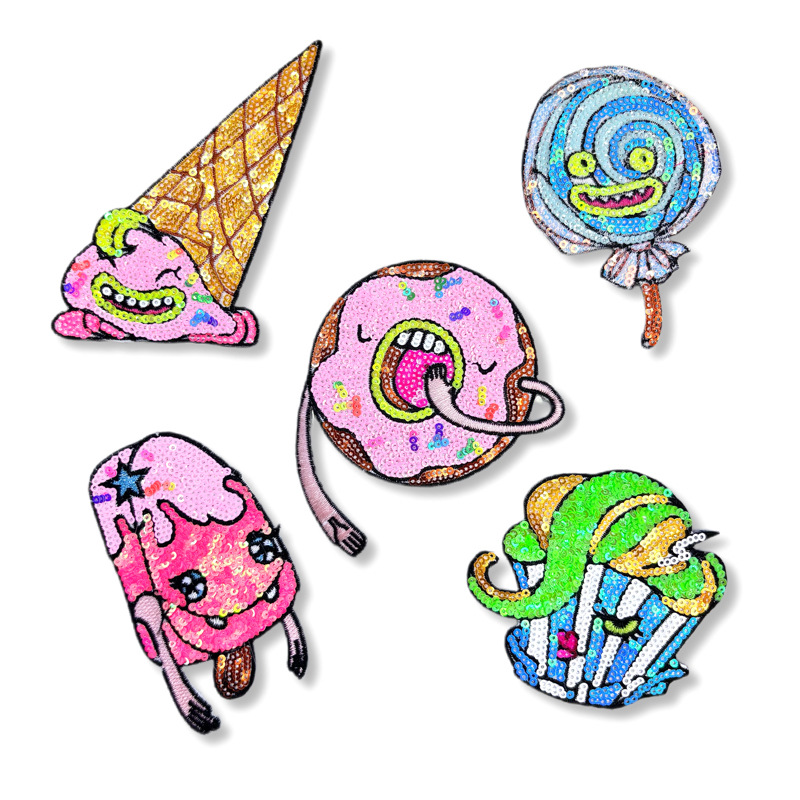 Patchwork Jean Jacket - 5PCS/Set Embroidered Sequins Donut Ice Cream