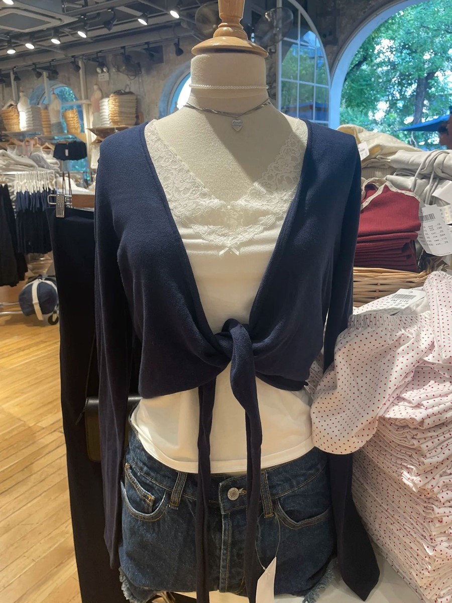 New Navy Lace-up Knitted Long  - Crop Cardigan Vintage review and price
