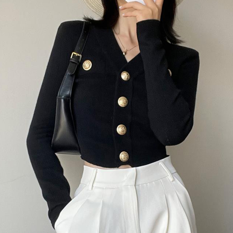 Gold Button Front Knit Cardiga - Crop Cardigan Vintage review and price