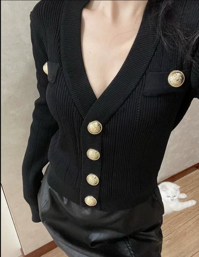 Gold Button Front Knit Cardiga - Crop Cardigan Vintage review and price