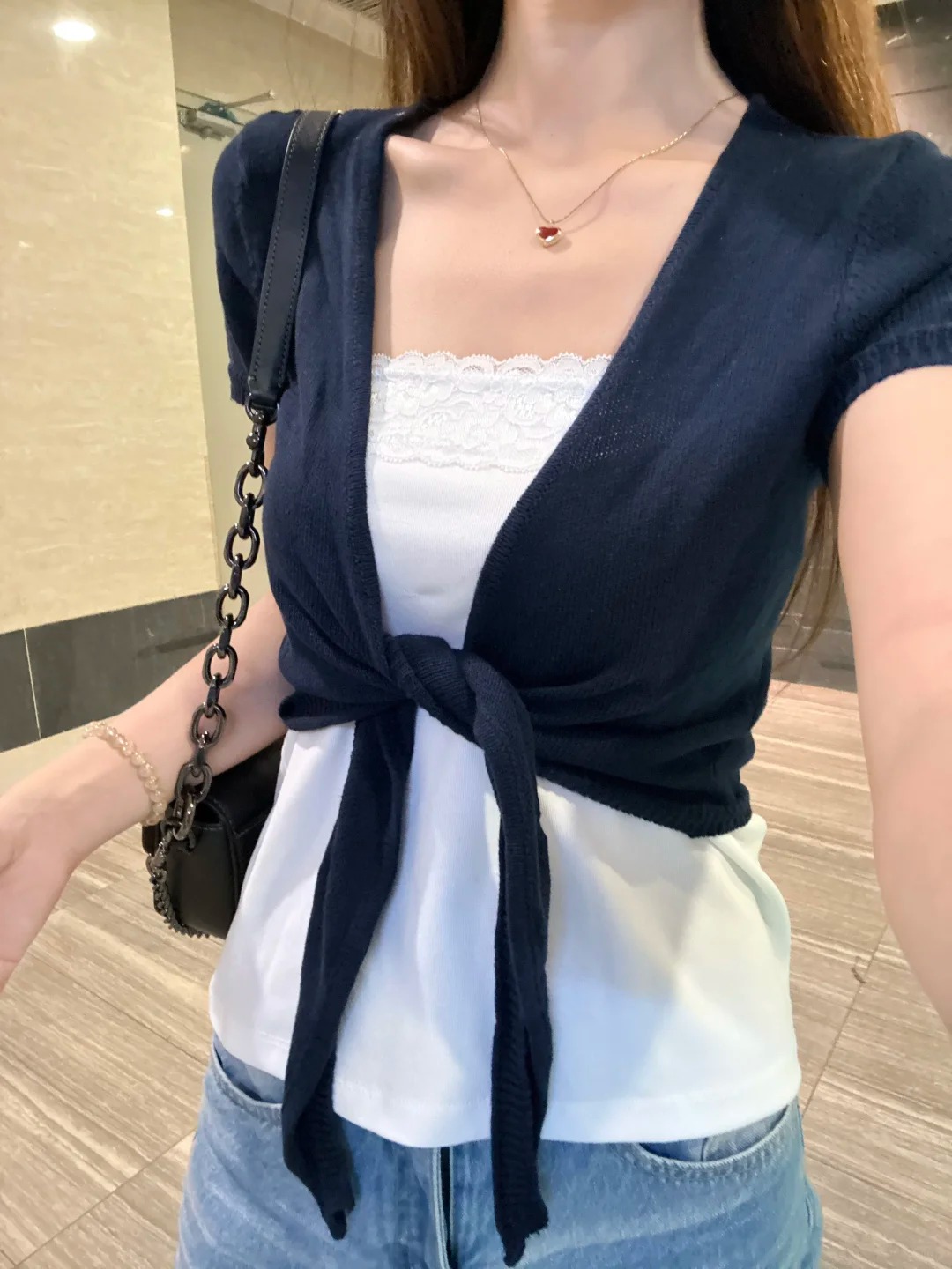 Navy Lace-up Cardigan Women Co - Crop Cardigan Vintage review and price
