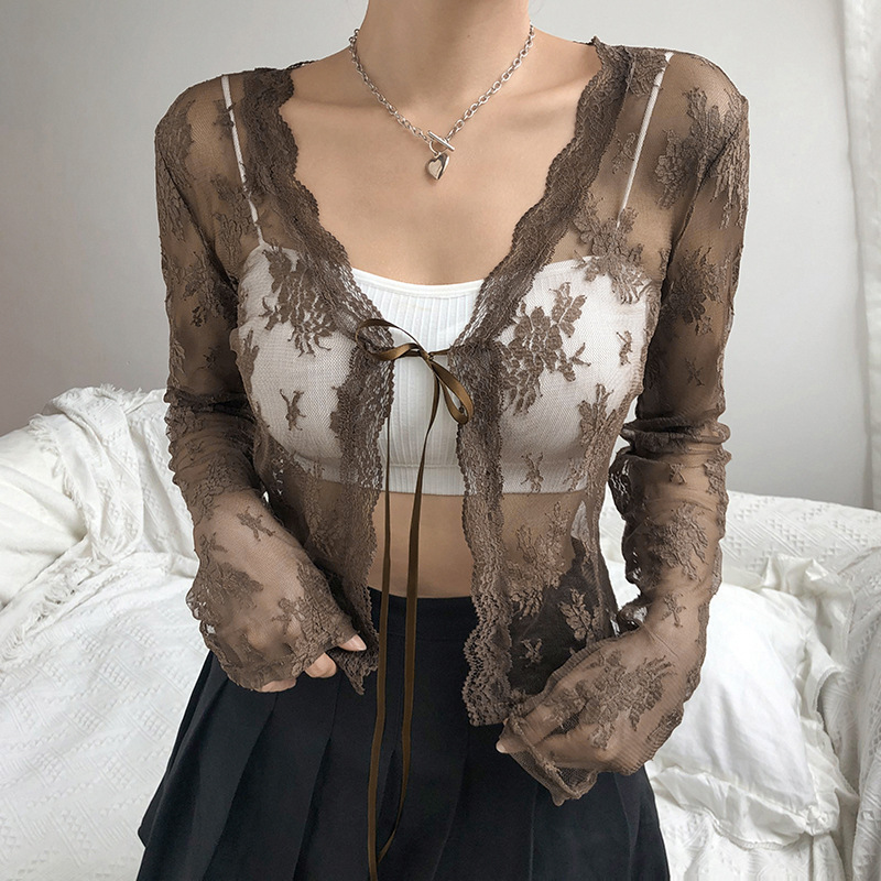 Women See Through Lace Mesh Sh - Crop Cardigan Vintage review and price
